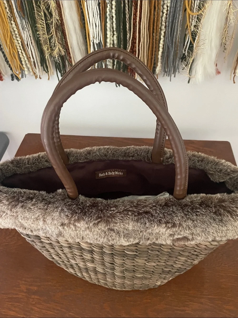 Bath & Body Works Brown Woven Tote with Faux-Fur Trim